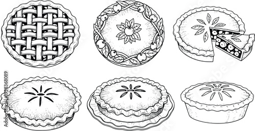 Vintage Engraved Pie Dessert Collection Top View with Lattice Crust and Sliced Bakery Illustration
