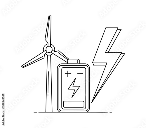 Simple black and white line art icon illustrating the concept of renewable wind energy generation stored in a rechargeable battery system with a prominent lightning bolt symbol.