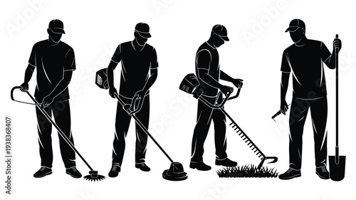 Set of gardener silhouettes, using landscaping power tools including grass trimmer, hedge cutter, and pruning shears for lawn care and garden maintenance isolated on white background