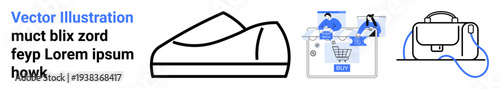Minimalist shoe outline, people shopping on laptop visuals, bag icon. Ideal for online shopping, e-commerce, tech services, consumer goods, marketing infographics, user interface design, and retail