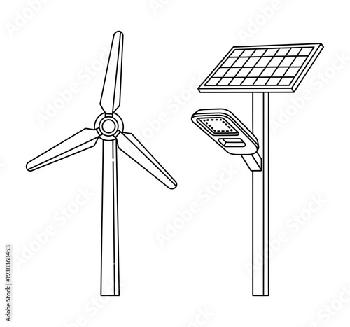 Black and white line art drawing illustrating an independent off-grid solar powered street light system paired with a vertical axis wind turbine for renewable energy generation.