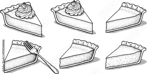 Vintage Engraved Pie Slice Dessert Collection with Cream Topping and Bakery Illustration Set