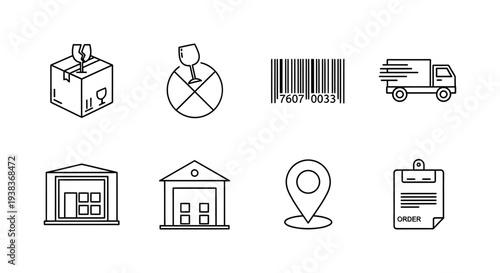 Collection of eight essential black and white line icons representing various logistics supply chain management elements including fragile shipping packages tracking codes and delivery vehicles