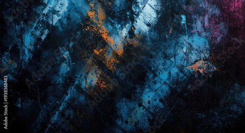 Abstract pattern with black tie dye texture and blue natural design elements accented by colorful graffiti style and grunge light