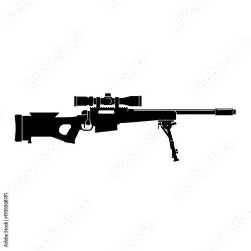 Sniper Rifle Silhouette with Bipod and Scope on White Background