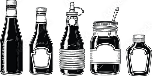 Vintage Engraved Sauce and Condiment Bottle Collection with Glass Jar Kitchen Illustration Set