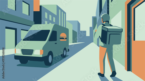 Minimalist illustration of food delivery service in an urban setting