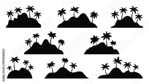 Set of tropical island, silhouettes with palm trees, hills, and coastal landscapes, exotic paradise scenery for travel, beach, and summer design projects isolated on white background