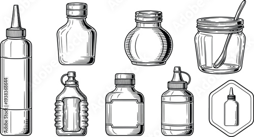 Vintage Engraved Sauce and Condiment Bottle Collection with Glass Jar and Kitchen Container Illustrations