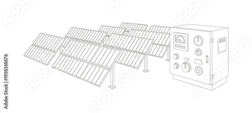 Detailed wireframe illustration showcasing a ground mounted solar panel array connected to an electrical control box for renewable energy system visualization