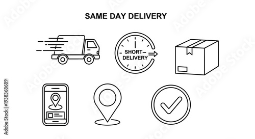 Collection of essential black and white outline icons illustrating the streamlined process of same day delivery services for modern logistics and e-commerce fulfillment needs