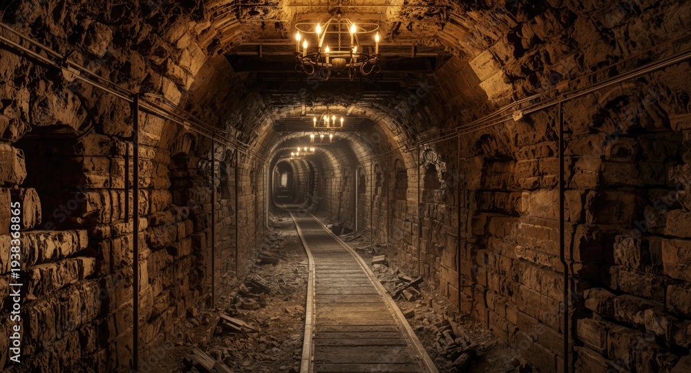 Fototapeta premium Ancient underground mining corridors with divided pathways