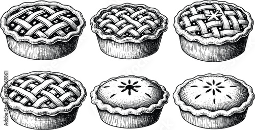 Vintage Engraved Pie Desserts Collection with Lattice Crust and Classic Bakery Style Illustration Set