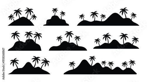 Collection of tropical island, silhouettes with palm trees and hills, exotic paradise landscape illustrations for travel, summer, and beach design isolated on white background.