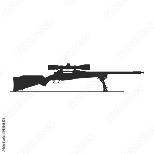 Sniper Rifle Silhouette with Scope and Bipod on White Background