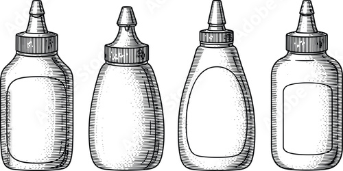 Vintage Engraved Squeeze Sauce Bottle Collection with Condiment Packaging Kitchen Illustration Set