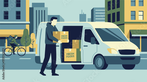 Urban Food Delivery Service with Courier Van and Bicycle Cyclist