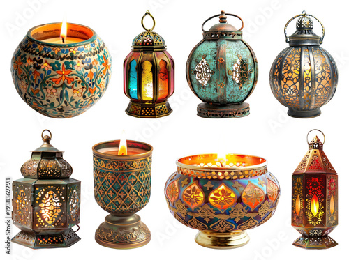 PNG Colorful ornate decorative lanterns element set on transparent background