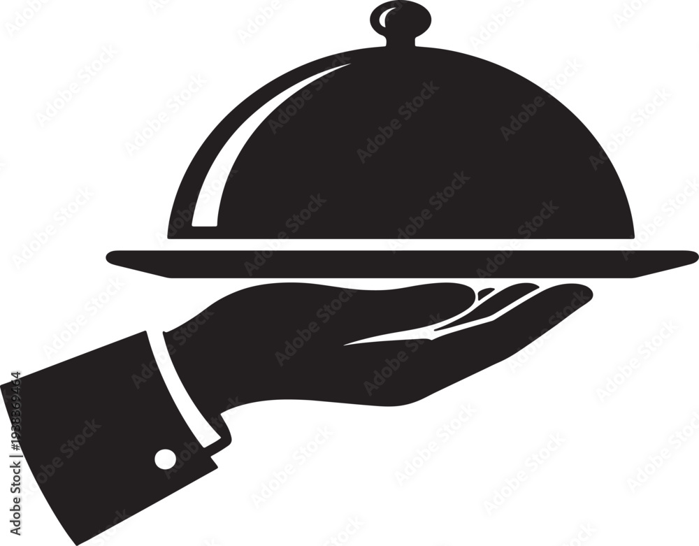 Fototapeta premium Black silhouette of hand holding covered silver tray also transparent background