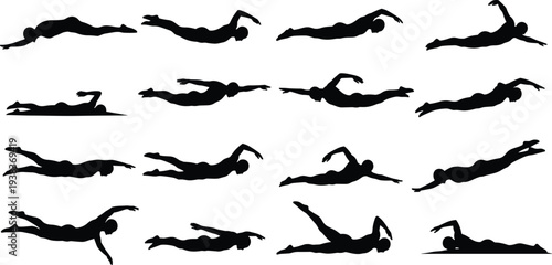 Swimming athlete silhouettes performing different strokes isolated vector set professional swimmer sport motion aquatic training illustration collection
