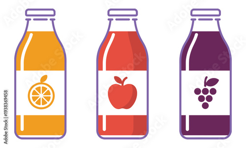Fruit juice bottles, fresh beverage drink, orange red purple juice, colorful smoothie bottles, natural fruit drink concept