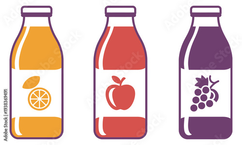 Fruit juice bottles, fresh beverage drink, orange red purple juice, colorful smoothie bottles, natural fruit drink concept