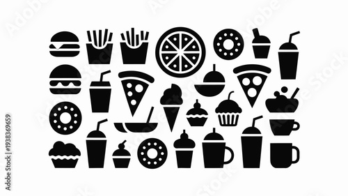 Collection of fast food and drink icons including burgers pizza fries desserts and beverages on white background
