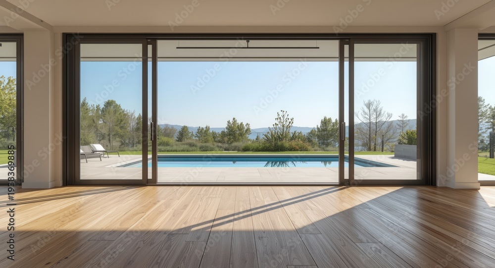 Fototapeta premium Elegant contemporary space with hardwood floor and a scenic pool area visible from inside