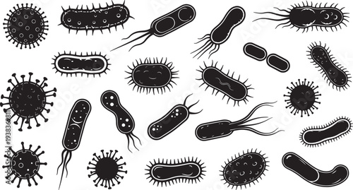 Collection of black and white bacterial cells in various shapes and forms also transparent background