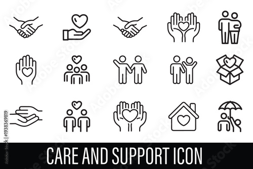 Collection of line art icons depicting care support and community concepts