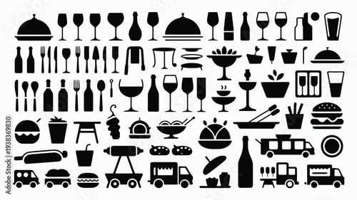 Collection of black food and drink icons with utensils and vehicles on white background for restaurant or menu design