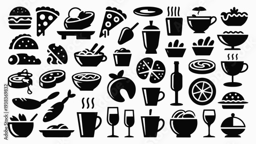 Black and white collection of food and drink icons including burgers pizza sushi coffee wine and fruit on a white background for culinary and restaurant themes