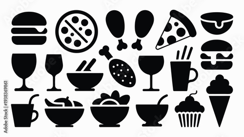Collection of black food and drink icons on white background for restaurant or menu design