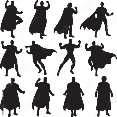 Collection of black silhouettes of superheroes in various power poses also transparent background capes