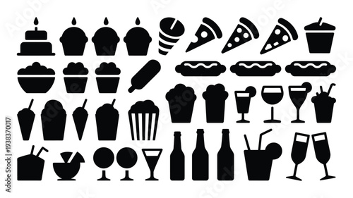 Collection of black food and drink icons including desserts pizza wine and cocktails on white background