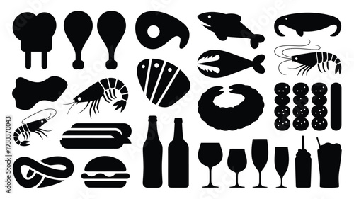 Black food and drink icons set including seafood meat wine and snacks on white background for restaurant or menu design