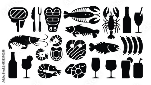 Seafood restaurant menu icons with wine beer and dining utensils on white background