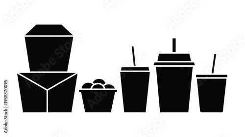 Black silhouettes of fast food containers and drinks on white background takeout and beverage icons
