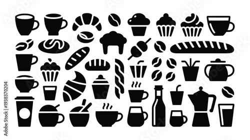 Collection of coffee and bakery icons including cups muffins bread and coffee beans on white background