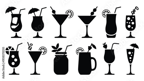 Collection of various cocktail glasses and drinks with straws and umbrellas on white background