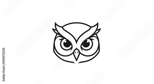 Simple Black Line Drawing of Owl Face.