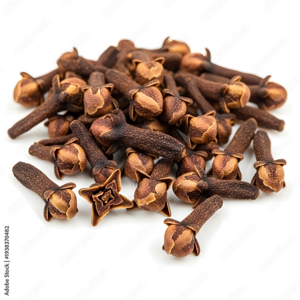 Fototapeta premium Whole dried cloves arranged naturally with one broken clove revealing inner structure, isolated white background 