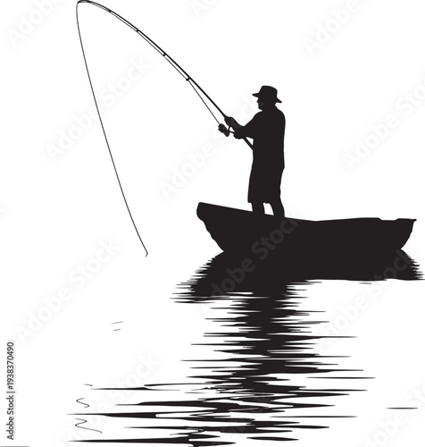 Silhouette of a man fishing from a boat on calm water also transparent background