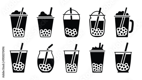 Collection of black and white boba tea drink icons with straws and bubbles in various cups