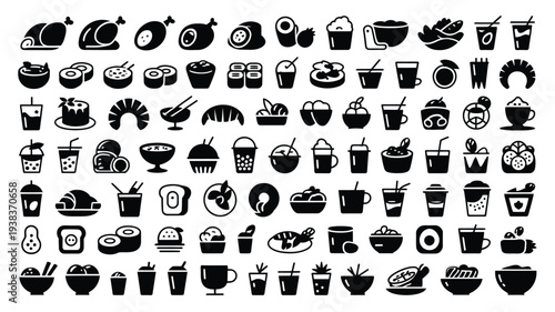 Collection of various food and drink icons in black and white including sushi coffee desserts and snacks on a white background for design and culinary themes