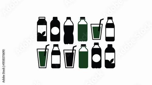 Collection of soda bottles and glasses with straws in black and green colors on white background