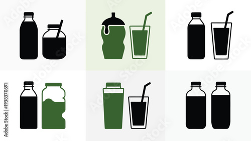 Collection of beverage icons including bottles and glasses with straws in various colors and styles