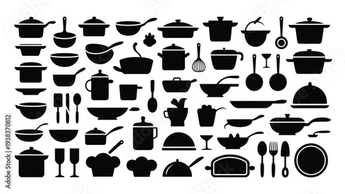 Collection of kitchen utensils and cookware in black silhouette on white background for culinary themes