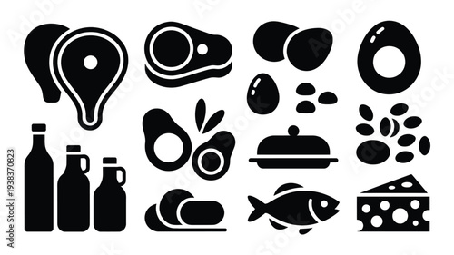 Food icons including meat fish fruits cheese and drinks on white background for culinary design