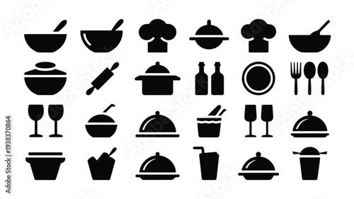 Black silhouettes of various restaurant and food service icons on white background including dishes utensils and glasses for menu design or culinary themes